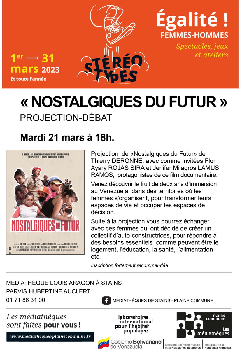 AgendaMilitant's tweet photo. Projection du documentaire "Nostalgiques du futur" de Thierry Deronne à Stains
demain à 18h, Parvis Hubertine Auclert, Stains
https://t.co/lsiUVSXDVe #projection #documentaire #femmes #Venezuela #autoorganisation https://t.co/w27TRibtAd