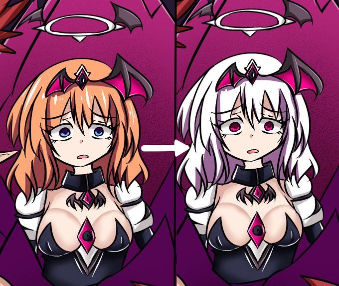 今のリクエスト絵の背景の一部として描いたけどハイライト無いと先に堕ちてる感がする
ついでに髪も白くしてみるかーで白くしてみたら堕ちた感がいいなぁ 