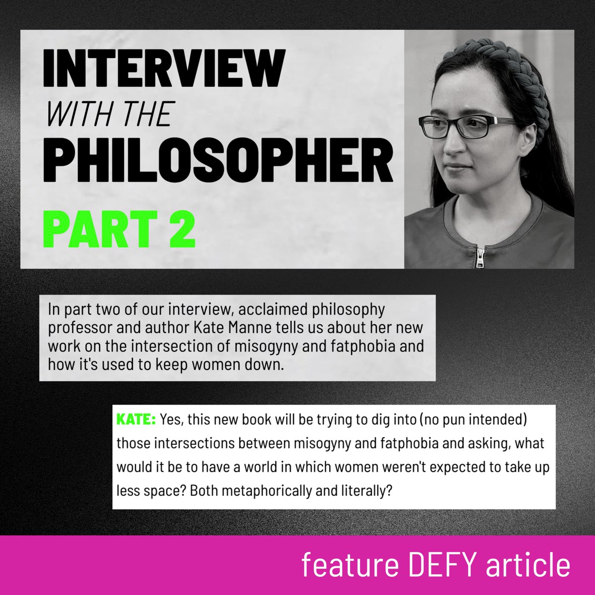defy_magazine's tweet photo. We are honoured to announce that DEFY Magazine is the first publication to sit down with @kate_manne to discuss her upcoming book, “Unshrinking: How to Face Fatphobia”.
#DEFYMag #KateManne #Fatphobia #Misogyny https://t.co/hG3ukOCOr6
