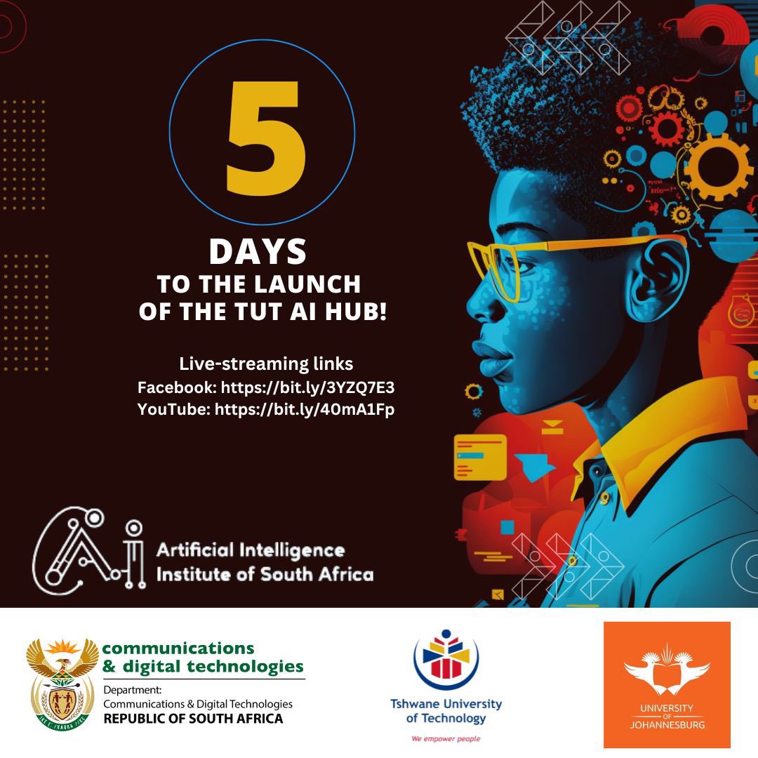 Official_TUT's tweet image. Hey TUT Fam!

The Countdown has started to one of the biggest events of the year - the launch of the TUT Artificial Intelligence Hub.

5 Days to go!

#TUTAIhub #AfricanAI4all #AfricanAI