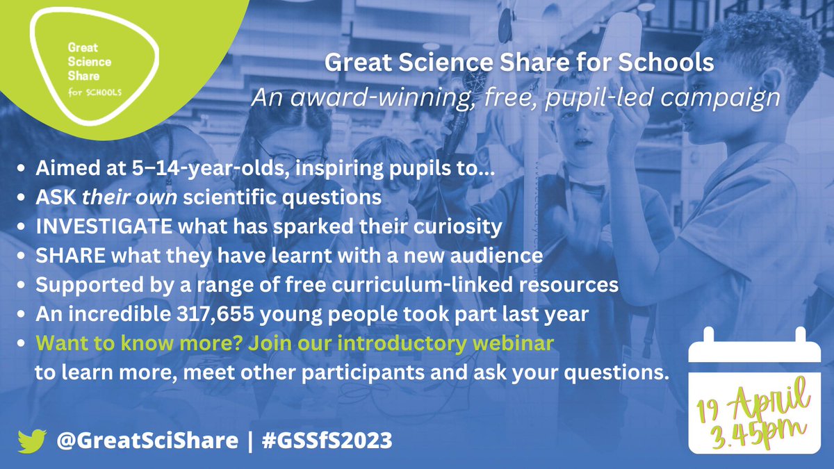 New to GSSfS this year? We're ready to welcome you at a free Q&amp;A webinar 😀
◾ 19 April, 3.45pm
◾ Led by GSSfS Campaign Coordinator, Grace Marson
◾ Find out more and book: greatscienceshare.org/events

<a href="/OfficialUoM/">The University of Manchester</a> <a href="/BASF_UK/">BASF UK</a> <a href="/ogdentrust/">Ogden Trust</a> <a href="/pstt_whyhow/">Primary Science Teaching Trust</a> <a href="/CcComino/">NWCC</a> <a href="/royalsociety/">The Royal Society</a>