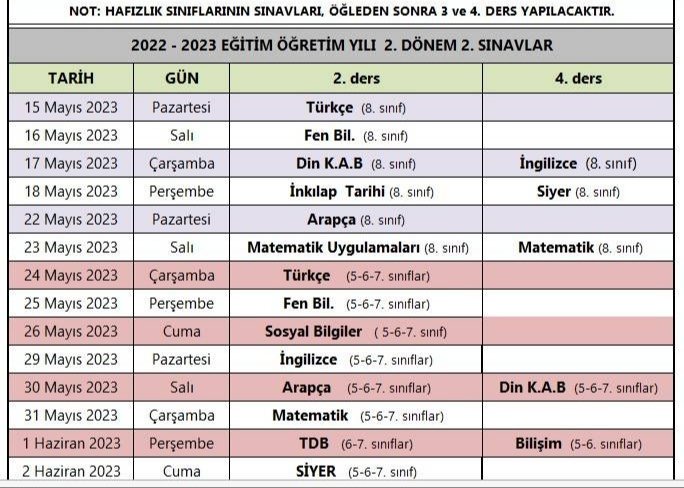 ‼️2022-2023 Eğitim Öğretim Yılı 2. Dönem 1. ve 2. Yazılı Sınav Takvimimiz‼️

✨5. sınıf ve 7. sınıf Hafızlık sınıflarımız öğleden sonra 3. ve 4. ders saatlerinde sınav olacaktır.