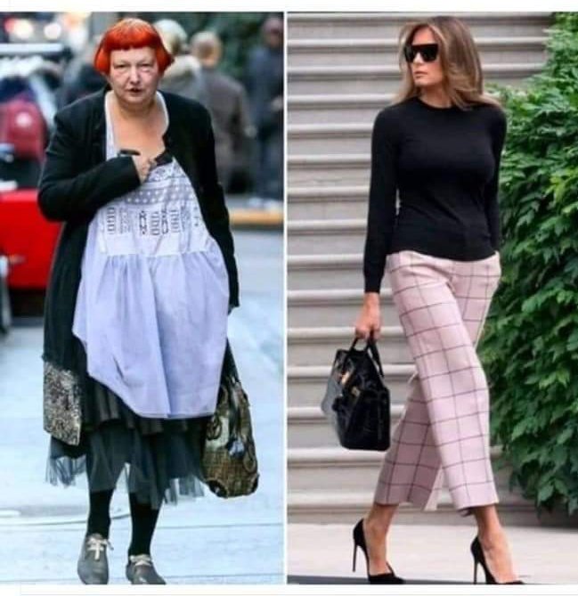 Levo je Lynn Jaeger, modna urednica časopisa Vogue koja u svojim člancima često kritikuje izgled Melanie Tramp. S desne strane je Melanija Tramp..