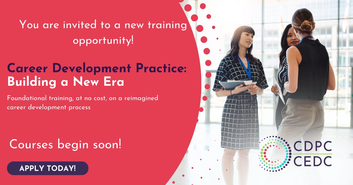 CCDFFCDC's tweet image. CCDF is thrilled to announce the new Career Development Professional Centre (CDPC) will be offering #free foundational #training on a reimagined #careerdevelopment process: Career Development Practice: Building a New Era! 

Learn more and apply today! cdpc-cedc.ca/training/
