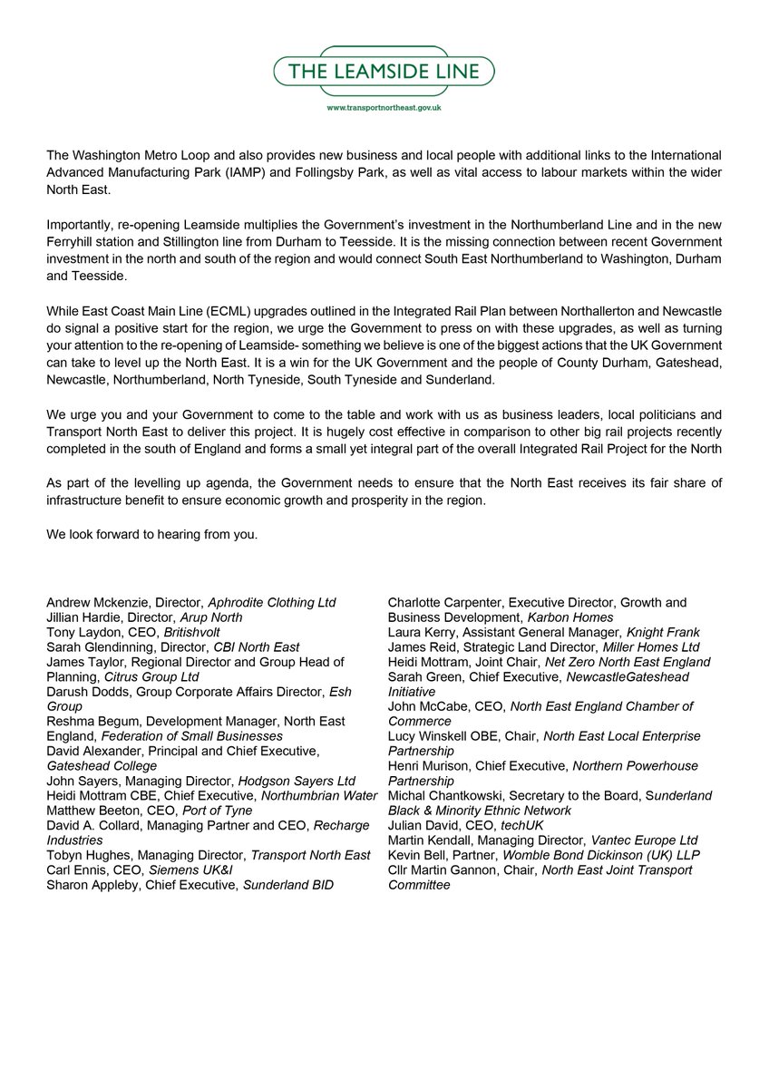 LeamsideLine's tweet photo. Business leaders across the North East have called on Prime Minister @RishiSunak to support the full reopening of the #LeamsideLine
Read the letter below 👇 https://t.co/n0jzFZU8It