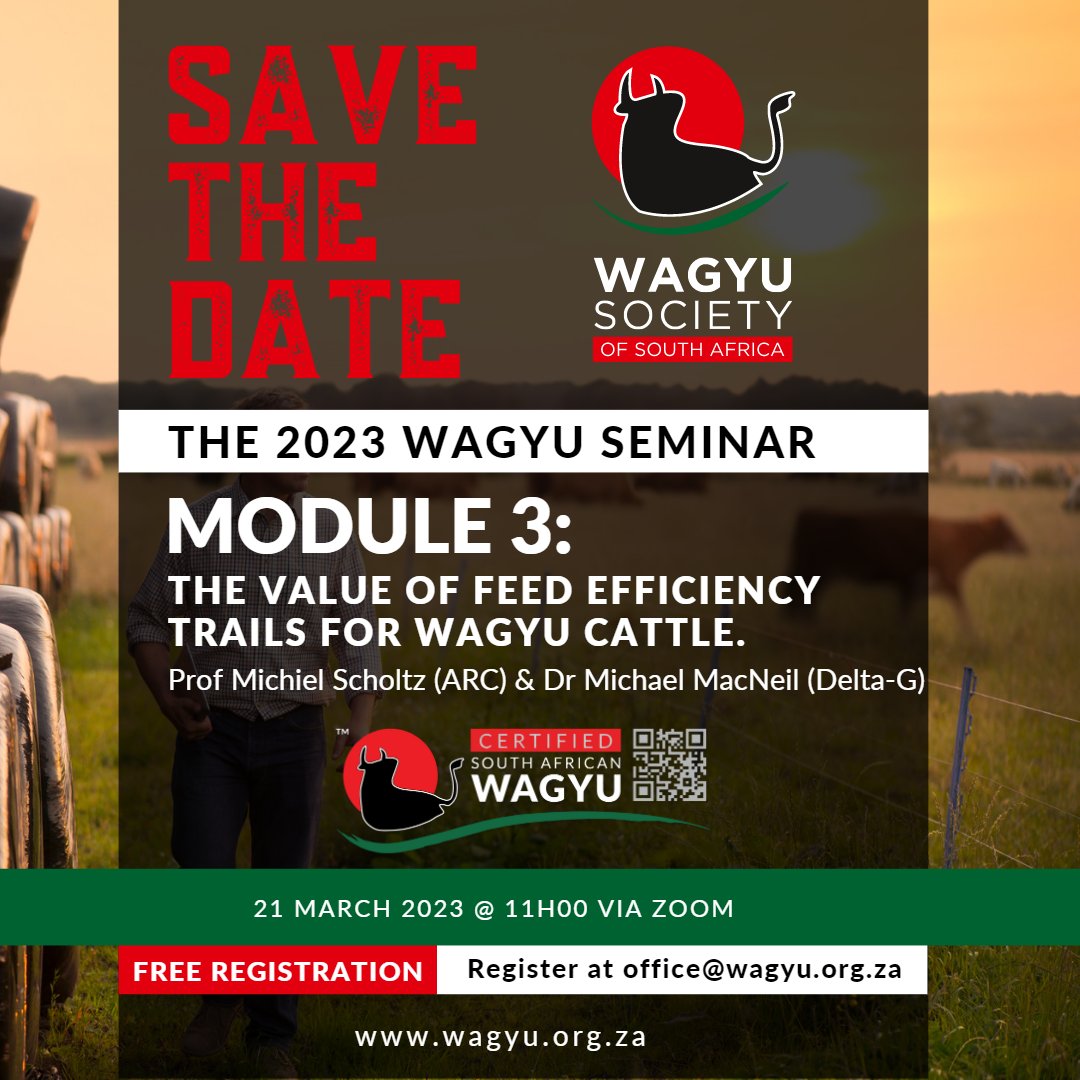 WagyuRSA's tweet photo. It's your last chance to register for tomorrow's Seminar - Module 3: The Value of feed efficiency trails for Wagyu Cattle. 

 #wagyusouthafrica #wagyusociety #wagyuworldcouncil #wagyusa #wagyucattlesociety #ilovesawagyu #thewagyusociety https://t.co/WlVWQynZTR