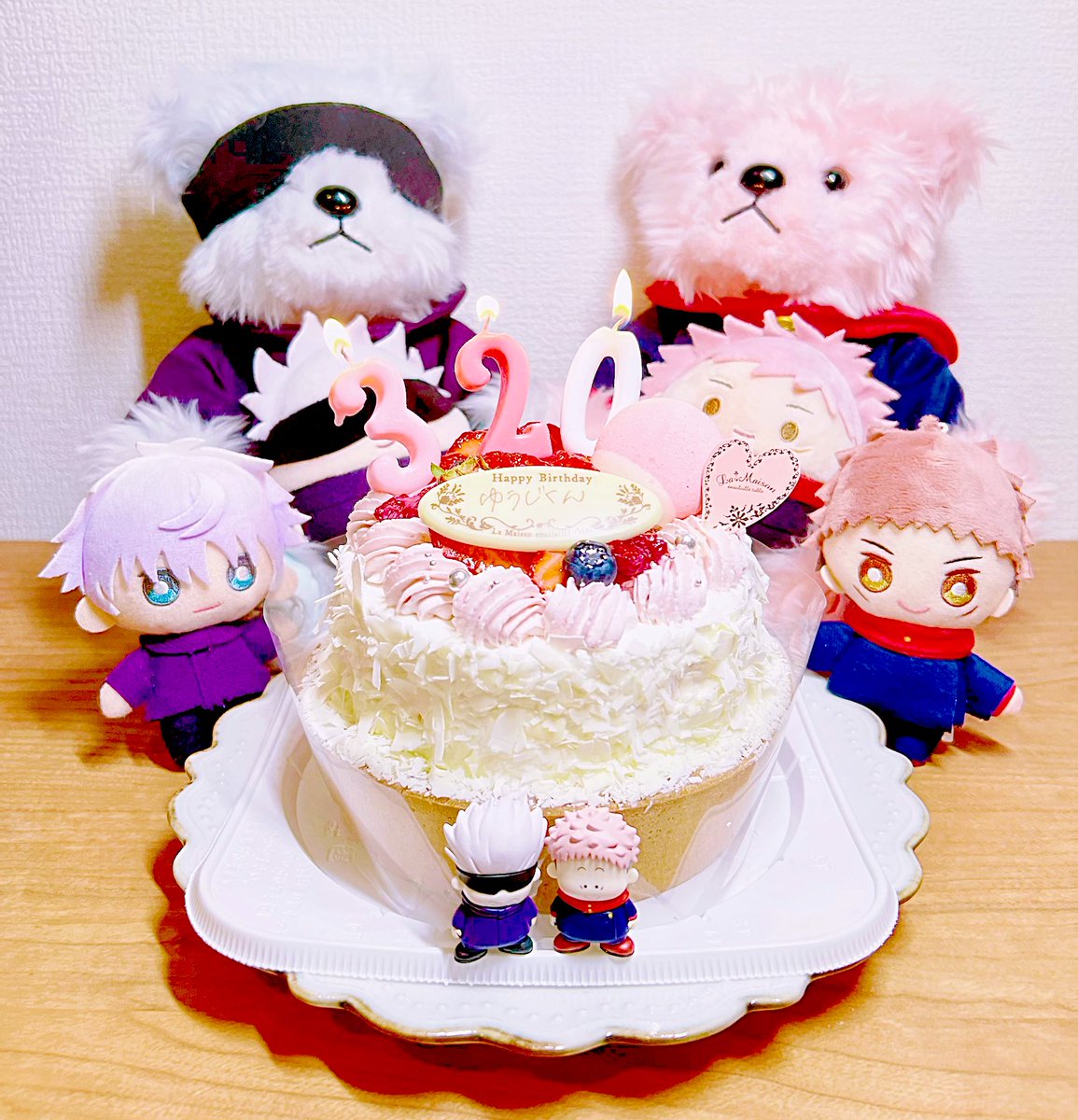 gojou satoru ,itadori yuuji cake food birthday cake male focus happy birthday white hair red hoodie  illustration images