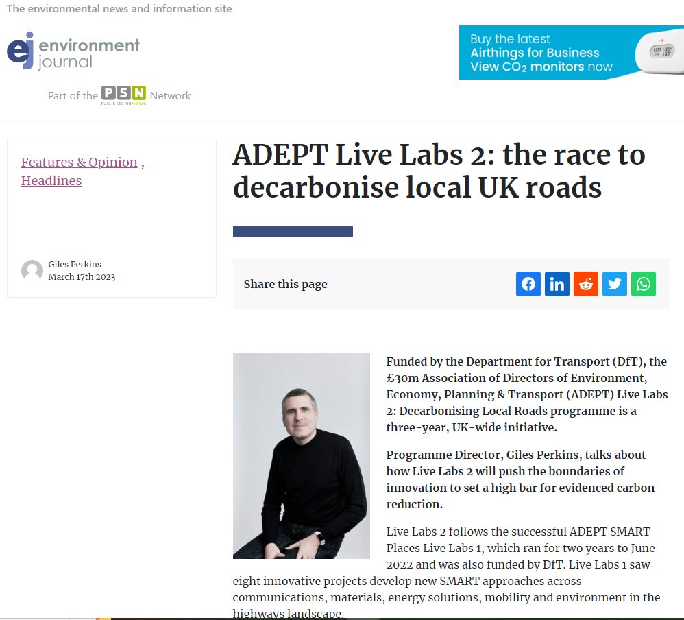 Thank you to <a href="/envjournal/">Environment Journal</a> for the article on #LiveLabs 2 featuring <a href="/GilesBGPerkins/">Giles!</a> - ADEPT Live Labs 2: the race to decarbonise local UK roads 👉environmentjournal.online/articles/adept… 

<a href="/transportgovuk/">Department for Transport</a> 

 #LocalGov #decarbonising #LocalRoads