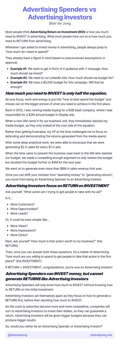 Advertising Spenders can INVEST money, but cannot generate RETURNS like Advertising Investors.

Would you rather be an Advertising Spender or Advertising Investor?

#AdvertisingROI