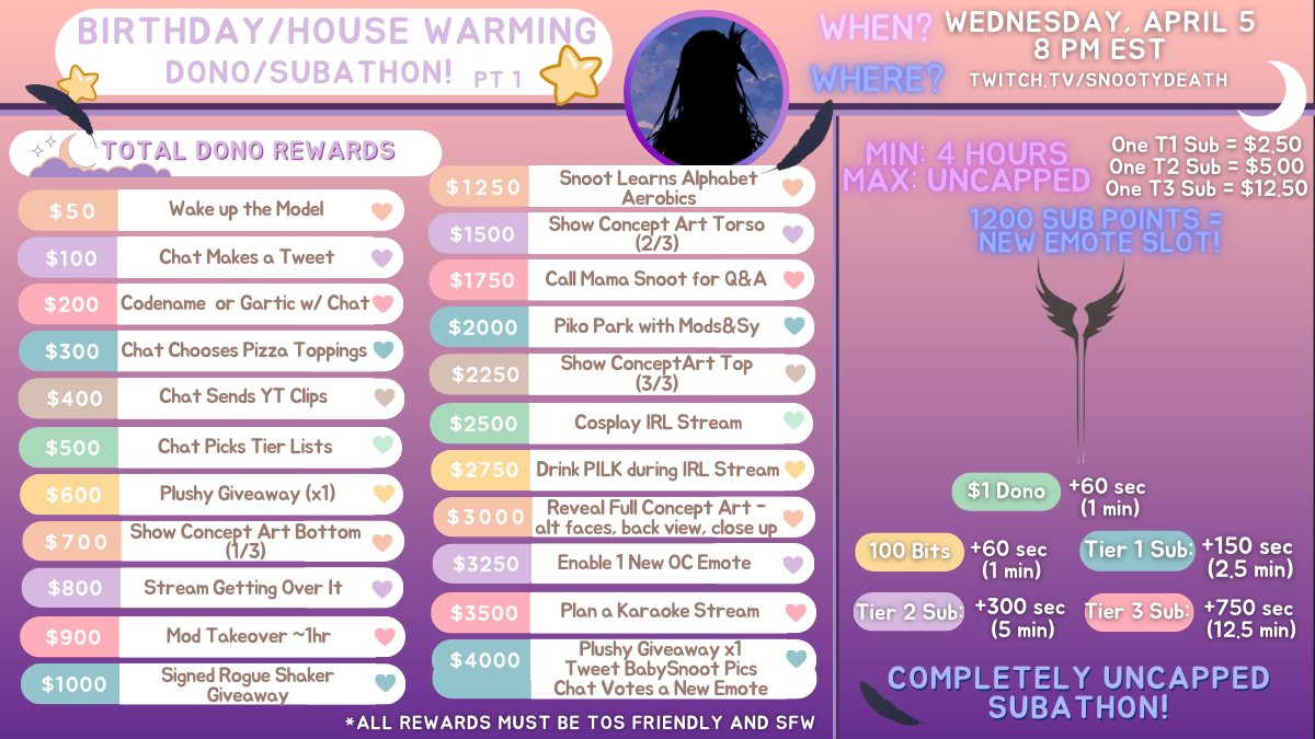 It is time to announce... my subathon!!! 

When: Wednesday April 5, 8 PM EST
Why: Raising money for my custom model! (Birthday and house warming!)
How Long: UNCAPPED

I'm so excited to celebrate with you all 💙 Thank you for your support

Retweets and Likes appreciated ✨
