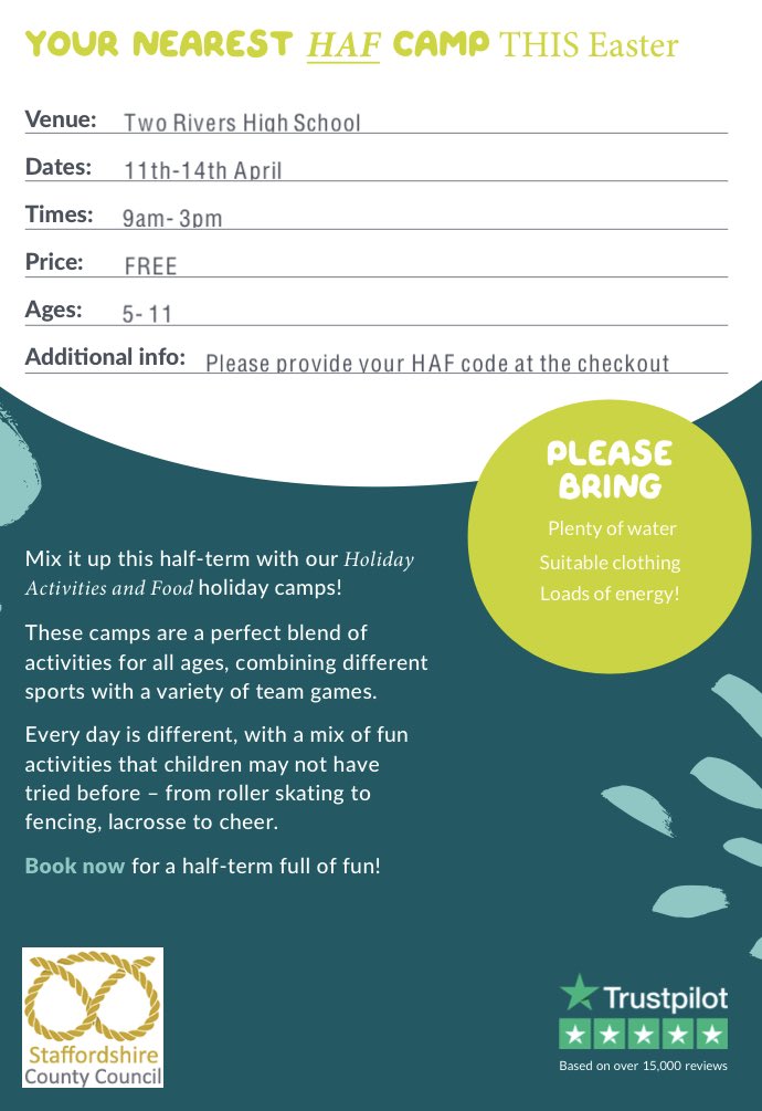 Our Holiday Activities &amp; Food Camps are BACK this Easter. 

🚨🚨 Everyone MUST register with Staffordshire CC to access their codes. You can do this by clicking the link below: 
staffordshire.gov.uk/Education/holi… 

Click the link below to book: 
premier-education.com/parents/venue/…

<a href="/StaffordshireCC/">Staffordshire County Council</a>