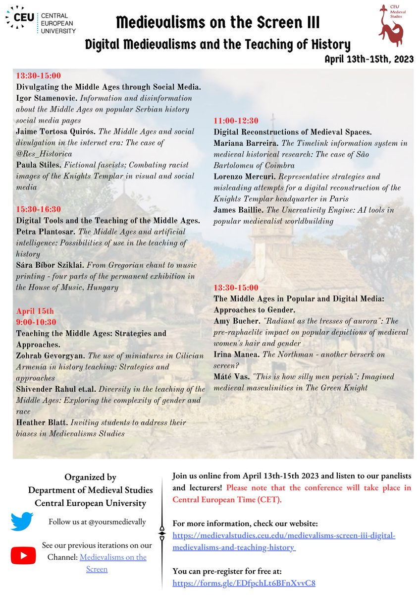 jmrubio120's tweet photo. Attend our conference for free! Medievalisms on the Screen III will take place online from April 13-15. We will be discussing the intersection of medievalisms, politics, education and representation. 
Pre-register for free at https://t.co/5eP9zR1aMD
More information below! https://t.co/llTofnl6Kq