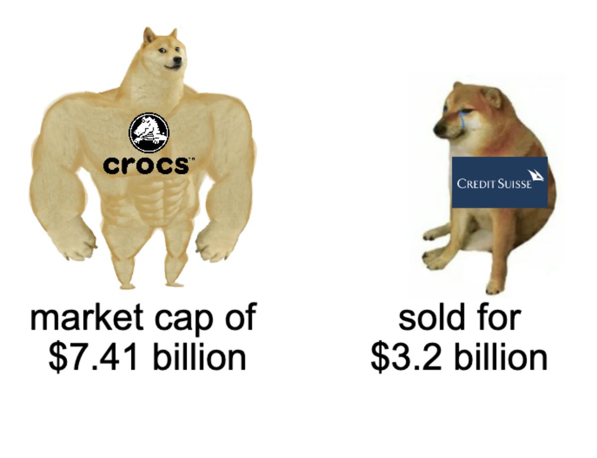 UBS will buy Credit Suisse for $3.2B, less than half of the ~$8.5B valuation CS had at market close on Friday.

To put the price tag in perspective, Crocs is worth more than twice that.

No disrespect to Crocs, but CS is 166 years old and had $574B in assets at the end of 2022.