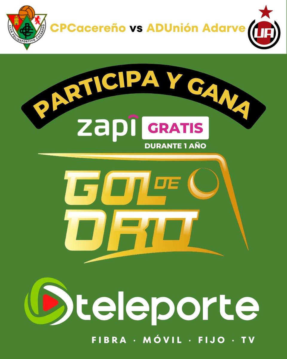 teleporte_cc's tweet photo. Participa en el ⚽️ GOL DE ORO ⚽️ del día 26 de marzo de 2023. ¡Gana 1 año de suscripción a Zapi TV GRATIS!! tirando desde el centro del campo en el partido del CP Cacereño vs UDUnión Adarve. 👉 Sigue estos pasos en twitter para poder ser el elegido: https://t.co/uc3Eg5DIUs