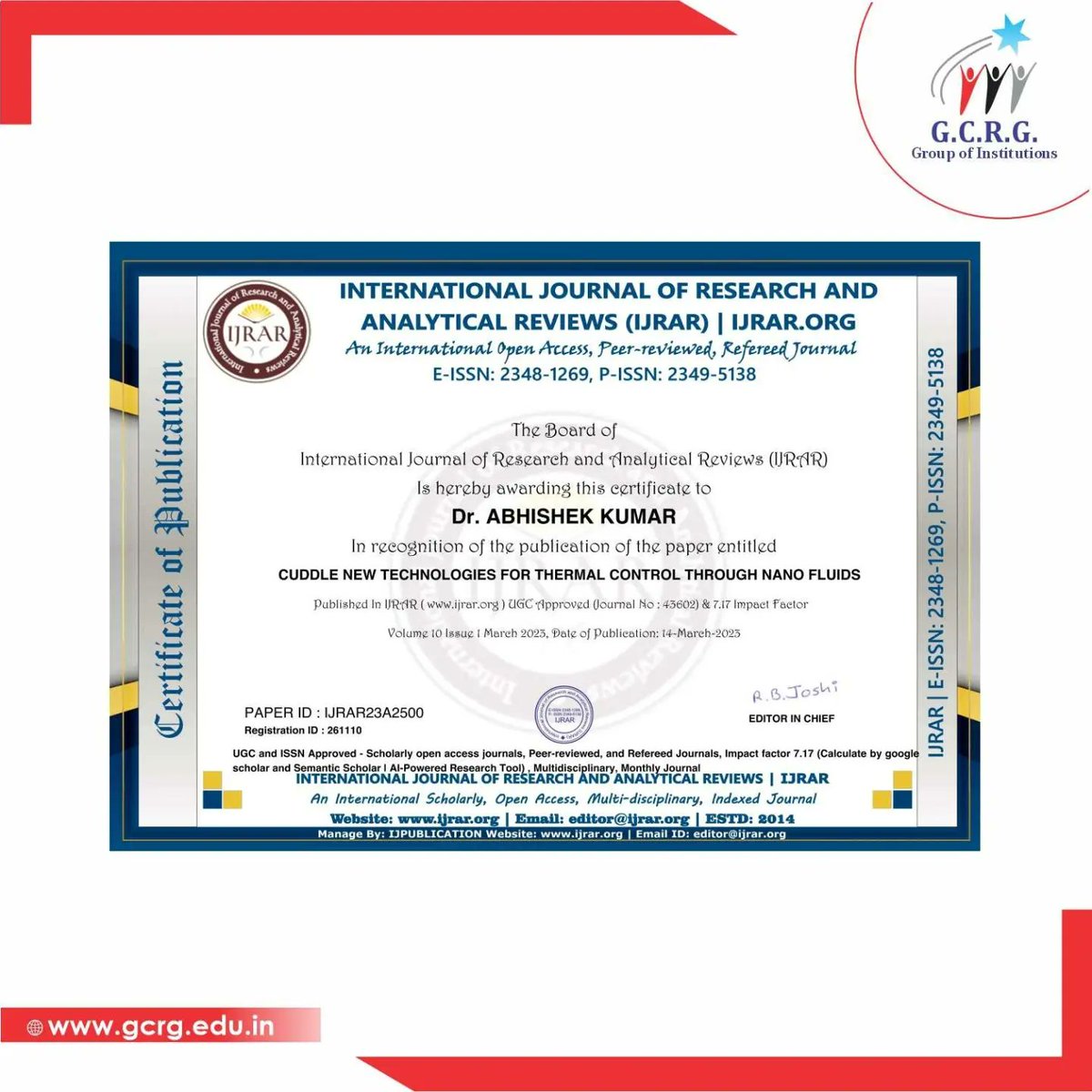 GcrgGroup's tweet photo. Showcase the department's commitment to advancing the field of mechanical engineering.
#MechanicalEngineering #ResearchPapers #InternationalJournal #NanoFluids #gcrggroup #CompositeMaterials #SpaceApplication https://t.co/pUYTuMCzad