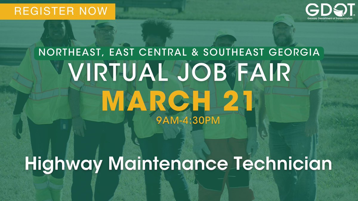 GADeptofTrans's tweet photo. GDOT is partnering with https://t.co/AZkDBvN9uX to host a virtual job fair on 3/21 for Highway Maintenance Technicians.
Join our team!
Register now to schedule an interview for openings in NE, East Central & SE GA;
https://t.co/AC1p5bP4NP
#ExperienceGDOT https://t.co/YZbnfd1A0S