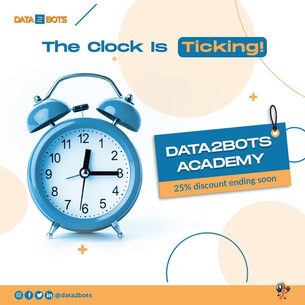 data2bots's tweet photo. Don't miss out on your chance to level up your data skills! Act fast and register here https://t.co/OWNO1gGT8l to get 25% off the Data2Bots Academy. This offer won't last forever!
.
.
#schoolofdata #dataprofessionals #dataenthusiast #dataengineering #internshipopportunities https://t.co/ZEJh4WuUT3