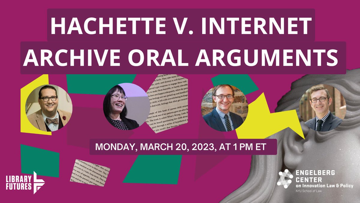 Library Futures (@library_futures) on Twitter photo It's alive! In only four hours we'll be liveblogging from the link below with our esteemed experts Michelle Wu, <a href="/KyleKCourtney/">Kyle K. Courtney</a> <a href="/DigLibCopyright/">Dave Hansen</a> <a href="/Lawgeek/">Jason Schultz</a>. Come for the live commentary, stay for the after arguments discussion!
controlleddigitallending.org/2023/03/20/hac… It's alive! In only four hours we'll be liveblogging from the link below with our esteemed experts Michelle Wu, <a href="/KyleKCourtney/">Kyle K. Courtney</a> <a href="/DigLibCopyright/">Dave Hansen</a> <a href="/Lawgeek/">Jason Schultz</a>. Come for the live commentary, stay for the after arguments discussion!
controlleddigitallending.org/2023/03/20/hac…