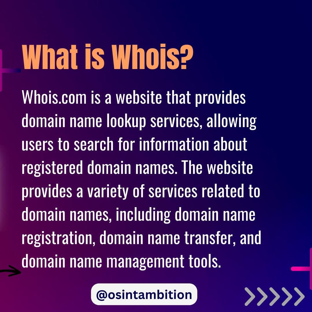 osintambition's tweet image. Unlocking the Power of OSINT with Whois.com: Explore Domain Ownership and Registration Details #OSINT #DomainLookup #WhoisSearch #WebsiteManagement #DomainRegistration #DomainTransfer #SSLCertificates #EmailHosting #WebHosting #WebsiteBuilder