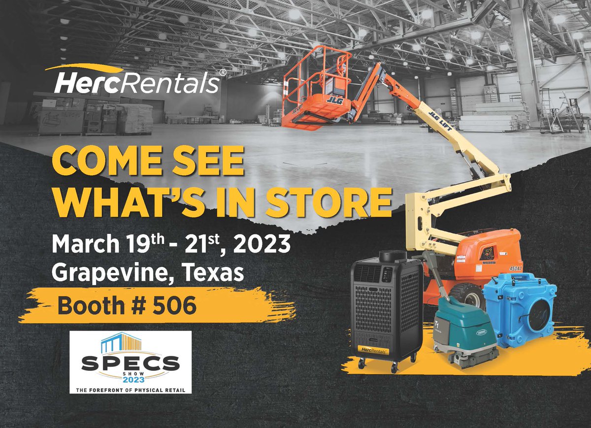 HercRentalsInc's tweet photo. Herc Rentals is at the SPECS 2023 show at Gaylord Texan Resort & Convention Center in Grapevine, TX. Please stop by booth 506 to meet our team and learn more about Herc Rentals. #SPECS2023 #SPECS #SPECSshow #HercRentals #TeamHerc https://t.co/X8d09PwiVz