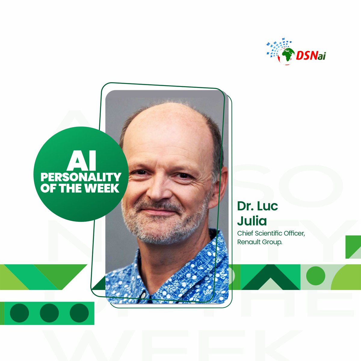 dsn_ai_network's tweet photo. Our AI Personality of the week is Dr Luc Julia. ​

He is a French computer scientist &amp; a specialist in Human-machine interaction. Currently, he is the Chief Scientific Officer at @renaultgroup.

He is known for AI tech contribution &amp; co-creating Apple's voice assistant Siri. https://t.co/ihD1RWvHF5