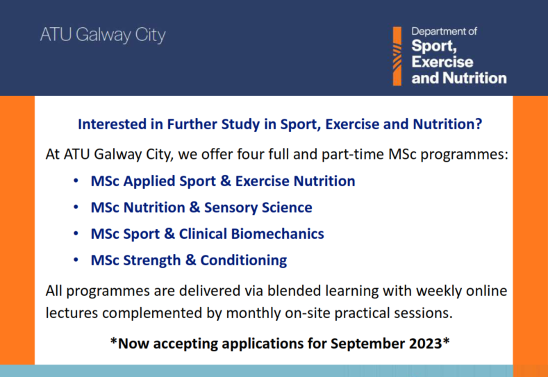 Looking to upskill in Sport, Exercise & Nutrition?
@ATU_GalwayCity we offer 4 #blendedlearning #postgraduate programmes.
Apply now: gmit.ie/postgraduate-c… 
#nutrition #biomechanics #sensoryscience #strengthandconditioning #sportscience #galway