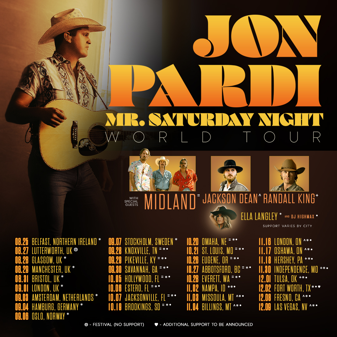 JonPardi's tweet photo. The Mr. Saturday Night World Tour is coming &amp; @MidlandOfficial @TheJacksonDean @RandallKingBand @ellalangleymsic &amp; DJ Highmax are joining me on select dates so be be sure to visit https://t.co/pDPJ6gjuaA for the lineup. Presale starts tomorrow + general on sale starts Friday 🌎 https://t.co/5M5FCx8WQF