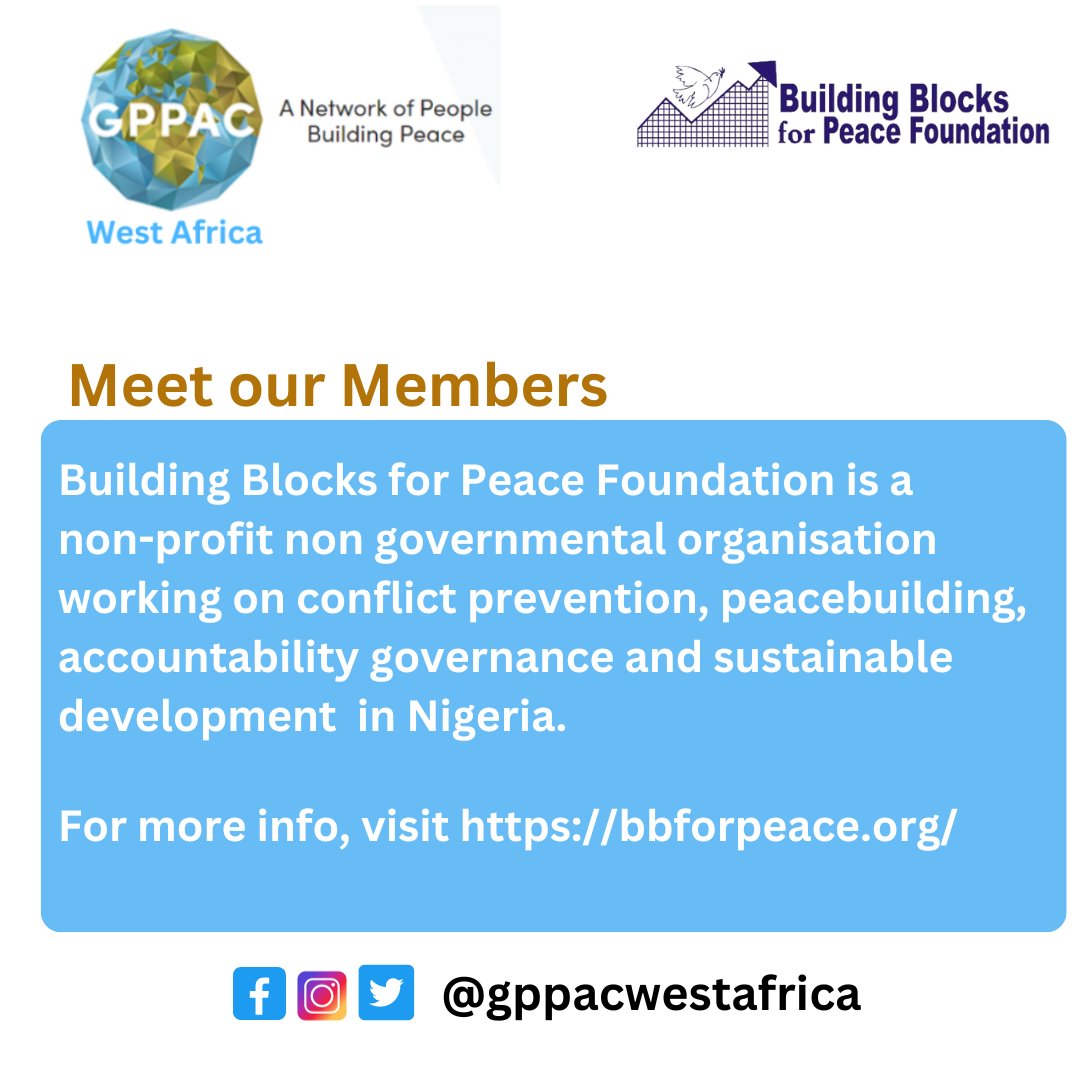 gppacwestafrica's tweet photo. This week, we profile the work of our member organisation, Building Blocks for Peace Foundation @bbforpeace. BBFORPEACE is a non-governmental organisation championing the youth, peace and security agenda in Nigeria.
#youth4peace
#bbforpeace
#gppac https://t.co/Q3dIp6mm1C