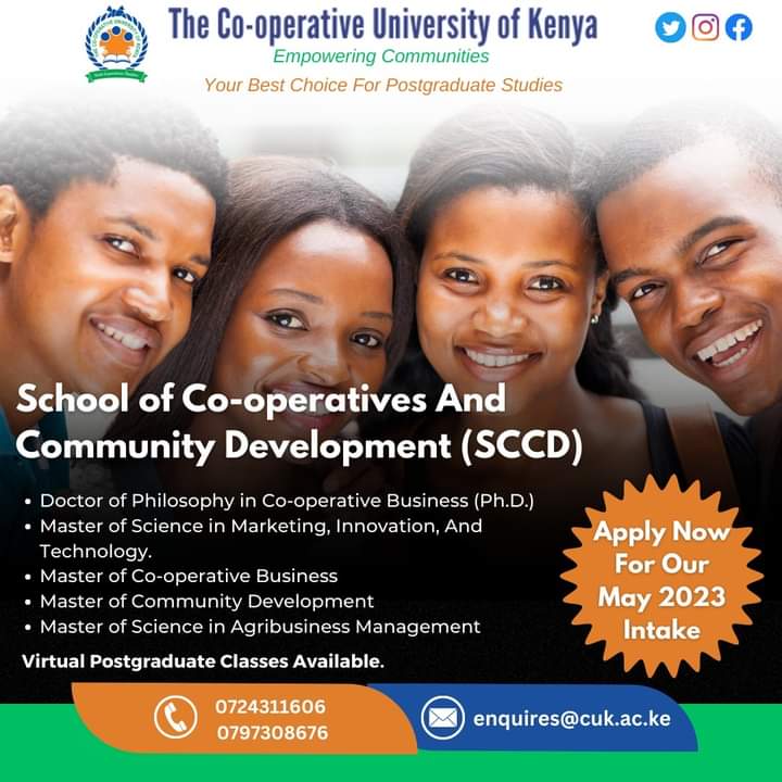 CoopVarsityKE's tweet image. ENROLL TODAY! – SCHOOL OF COOPERATIVE AND COMMUNITY DEVELOPMENT.

Enroll to the School of Cooperative and Community Development (SCCD) at The Co-operative University Of Kenya.

#CUKRising #SCCD