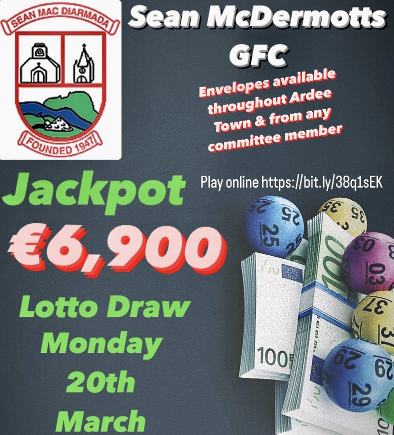 Our lotto draw is TONIGHT❗️
Mon 20th Mar 23

Jackpot is now €6,900💶

Wouldn’t it be nice?🥳

Play online bit.ly/38q1sEK
Enter online before 6pm

€2 or 3 for €5

Envelopes available throughout Ardee Town &amp; from any Committee member 

#gaalotto #louthgaa #20thMarch