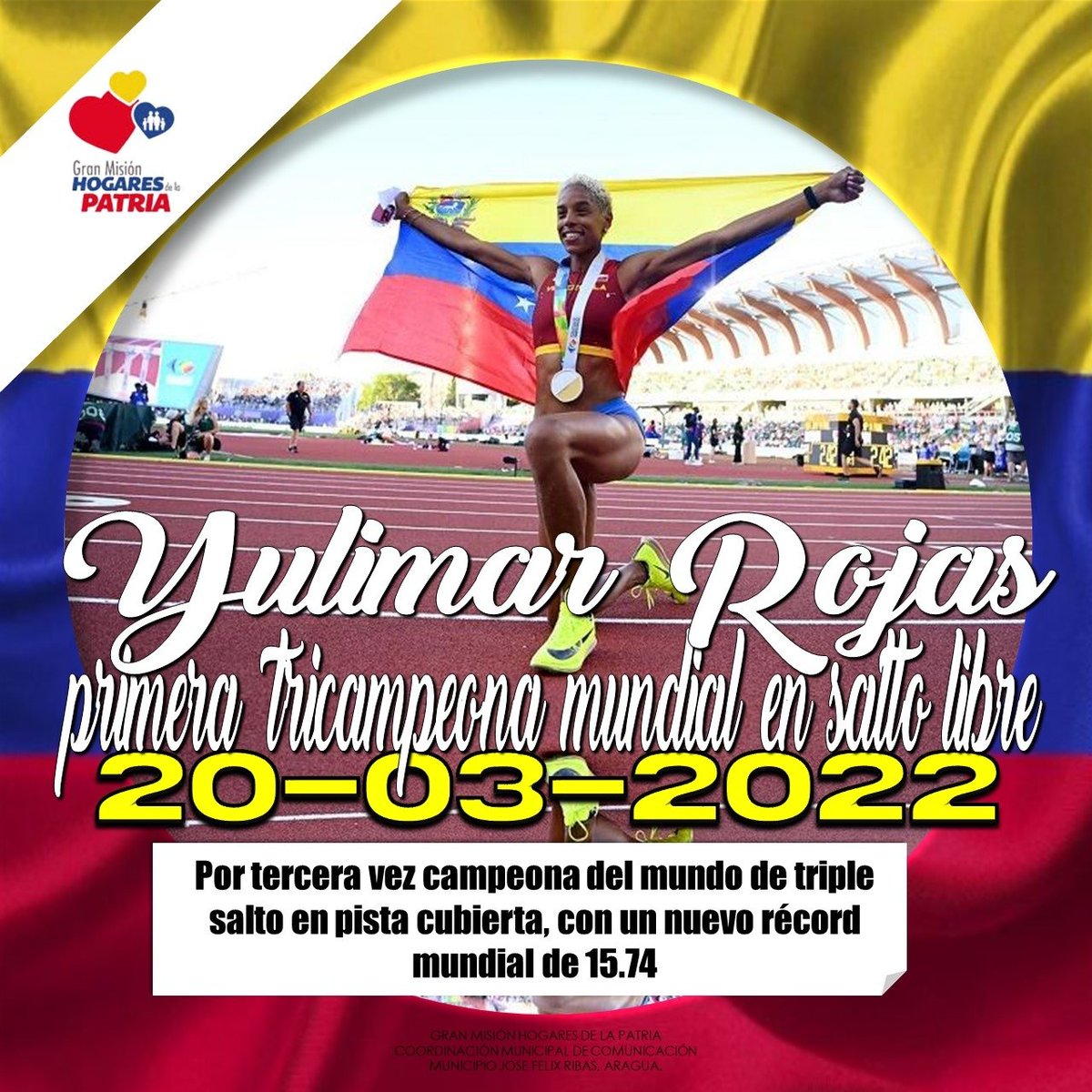 Orgullo venezolano. Gracias <a href="/TeamRojas45/">Yulimar Rojas</a> por llevar el nombre de nuestra hermosa patria en alto <a href="/NicolasMaduro/">Nicolás Maduro</a> apoyando nuestro talento