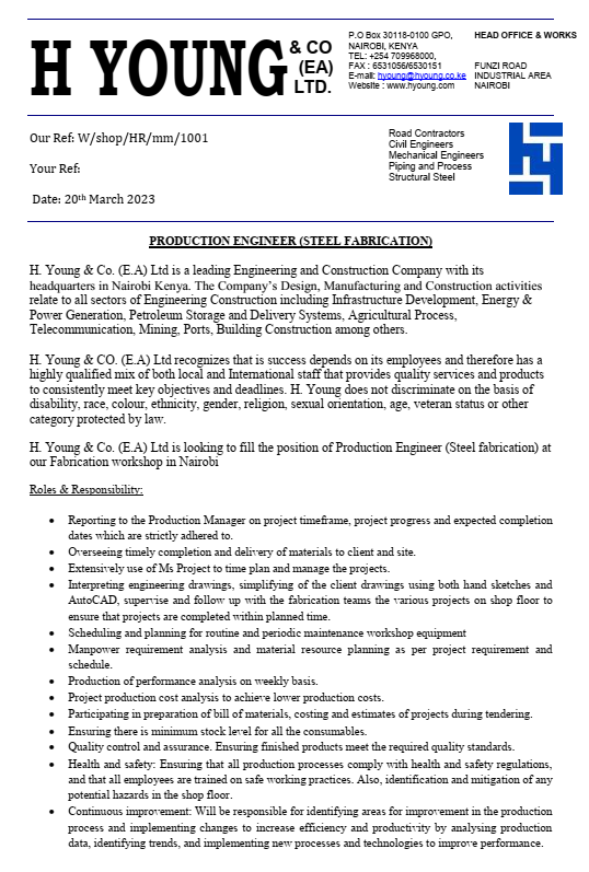 HYoungCoEALtd1's tweet image. Are you a self driven #MechanicalEngineer or #ProductionEngineer with experience in #ProjectScheduling? We have a position for a Production Engineer available at our #Fabrication Facility. Write to us jobs@hyoung.co.ke