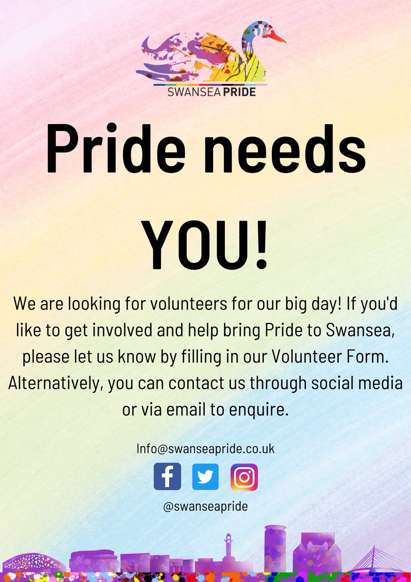 🏳️‍🌈PRIDE NEEDS YOU!🏳️‍⚧️

If you would like to volunteer on our big day and help bring Pride to Swansea, then we want to hear from you.

You can register your interest in helping as a volunteer through the link below:
forms.gle/b5erqkaCTc5Hgd…

We thank you for your time and support ♥️