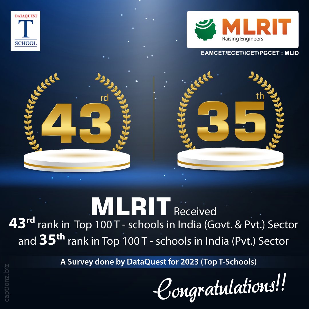 mlritin's tweet photo. MLRIT secured 43rd Rank in Top 100-T schools in India (overall) Private & Government sector
Top 35 rank in private sector
A Survey done by DataQuest for 2023
(Top T-Schools)
Congratulations to all the students and staff.
#bestengineeringcollege #mlrit https://t.co/7x0h6eyPnQ