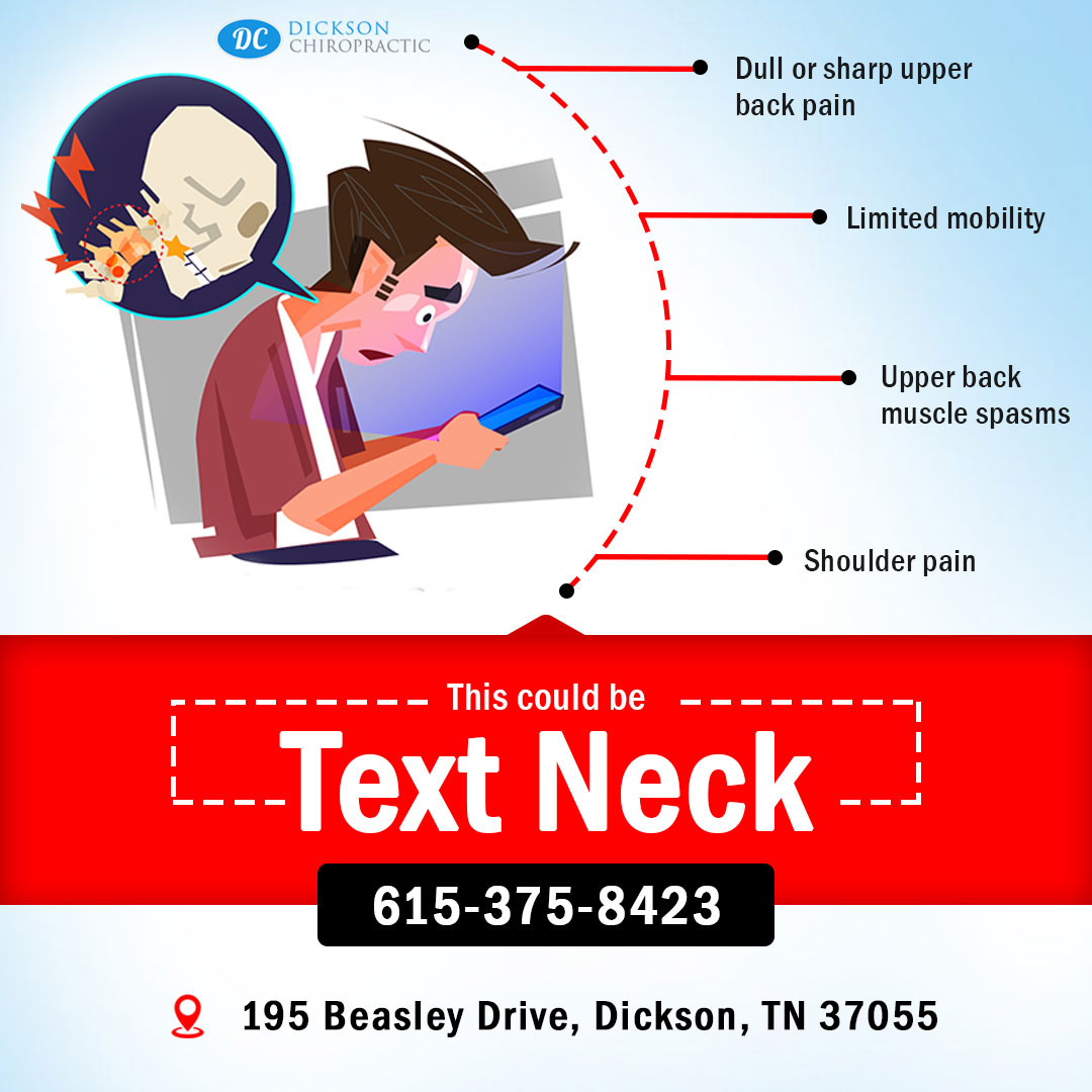 D_Chiropractic's tweet photo. Staring down at your mobile devices for long hours can add stress to your neck, causing pain. This can lead to a health condition called "Text Neck." Visit Dickson #Chiropractic to find out the causes of your neck pain and how we can help remove the pain and problems.

#textneck https://t.co/RfIsA7eK6C