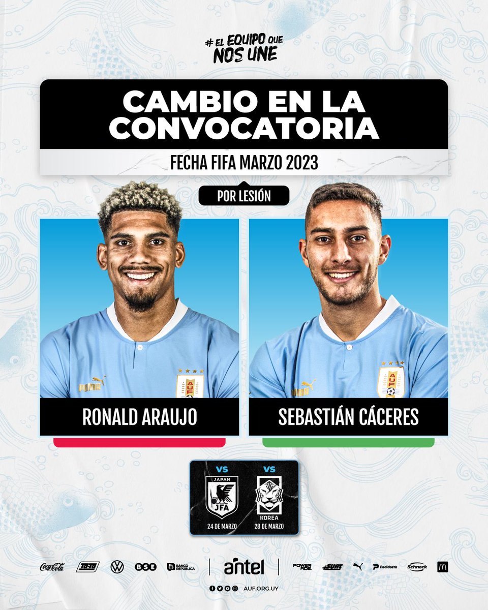 Uruguay's tweet photo. ⛔️ 𝐂𝐚𝐦𝐛𝐢𝐨 𝐞𝐧 𝐥𝐚 𝐜𝐨𝐧𝐯𝐨𝐜𝐚𝐭𝐨𝐫𝐢𝐚

Ronald Araujo no participará de la 𝐅𝐞𝐜𝐡𝐚 𝐅𝐈𝐅𝐀 por lesión, en su lugar fue convocado Sebastián Cáceres. 

#ElEquipoQueNosUne https://t.co/VFZT170UY3