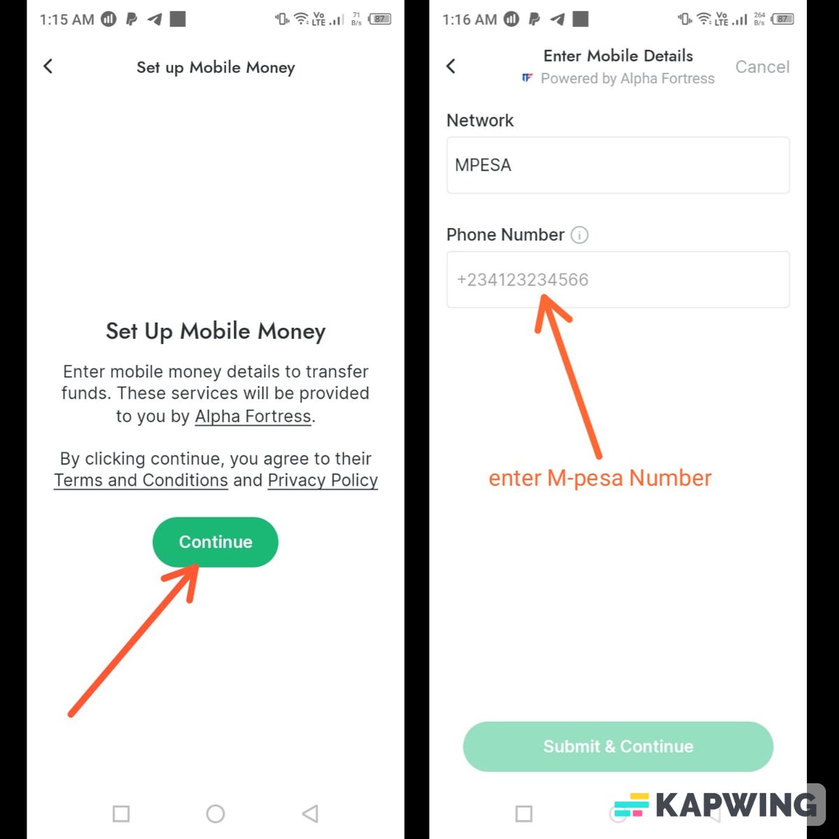 AlphaFortress's tweet photo. ▶️Next, Press continue to set up the Bank or Mobile money account

▶️Now, you would enter the details of the Mobile money account that you want to withdraw the funds to. You can choose your Network from the drop down list. And you have to write your #MPESA number in the box https://t.co/TnIpduBpuB