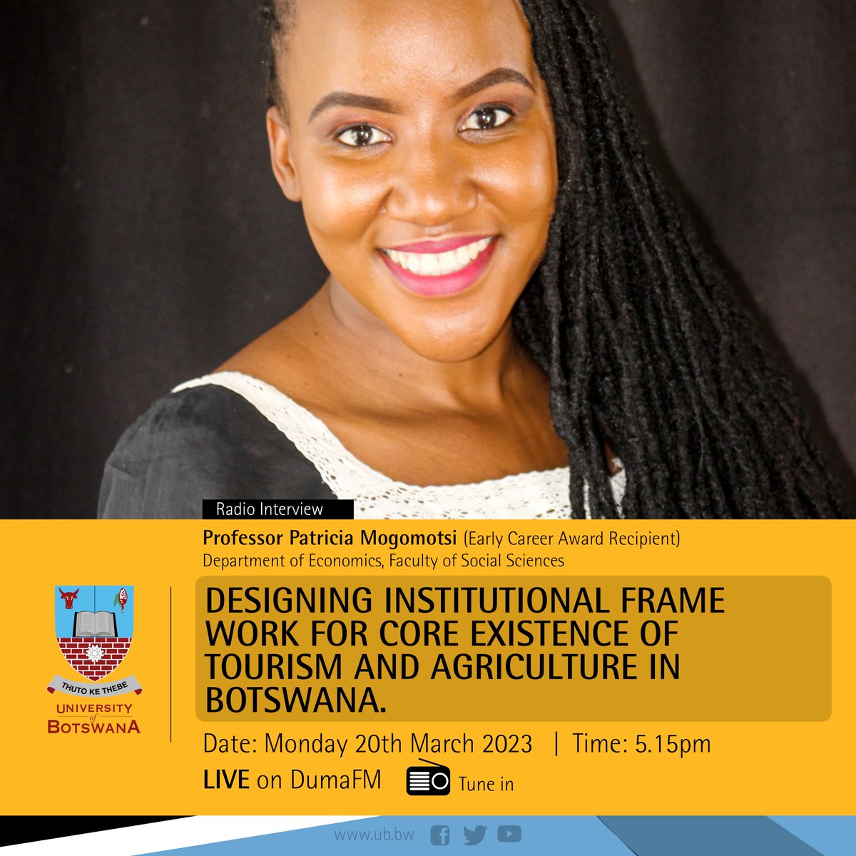 UBBotswana's tweet image. #RadioInterview  #DumaFM
Designing Institutional Frame Work for Core Existence of Tourism and Agriculture in Botswana.
Tune in today at 5.15pm