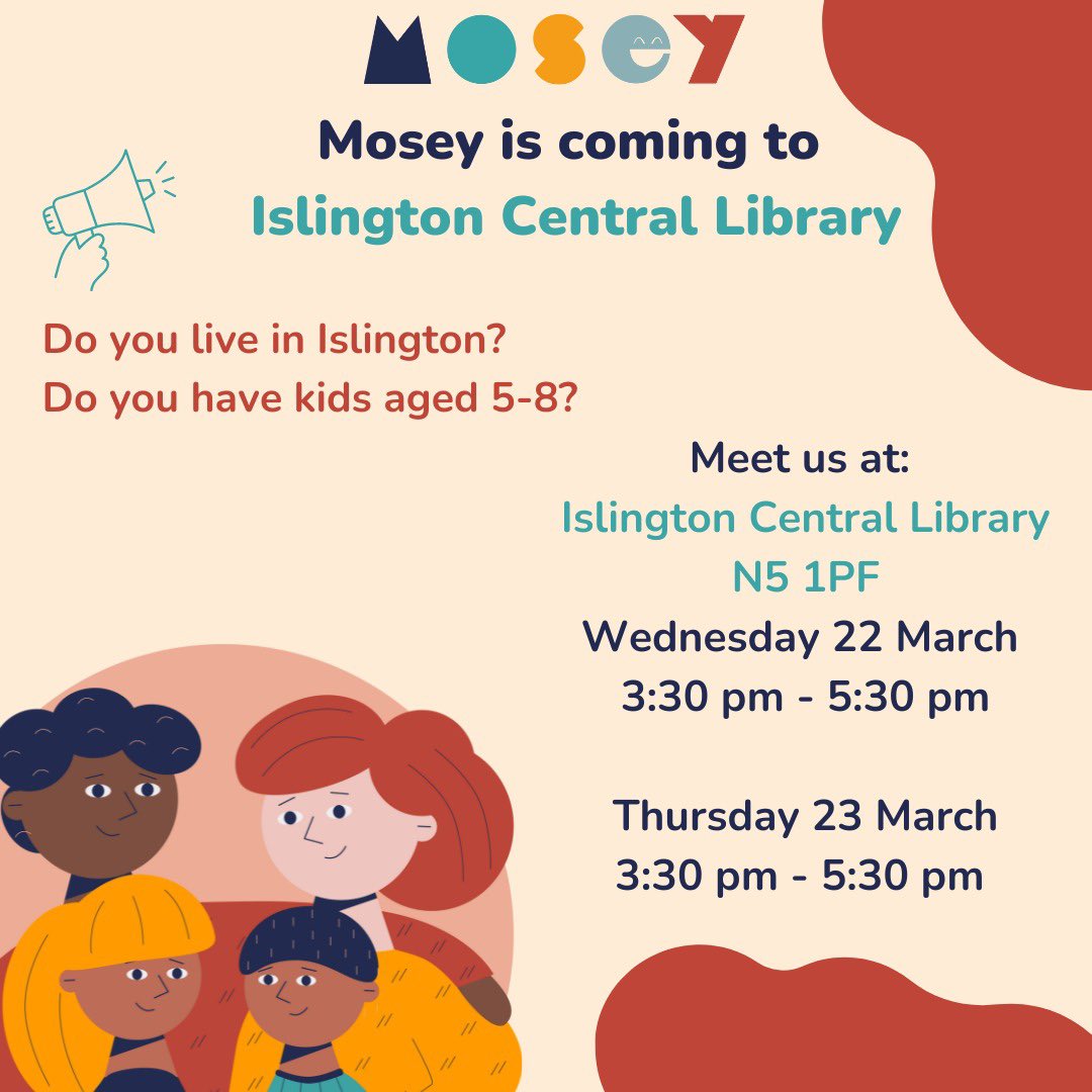 📣 Mosey is coming to Islington! Join us this week at the Islington Central Library and spend a fun afternoon reading with the Mosey app.  @Islingtonlibs #mosey #moseyapp #readingapp #readingforpleasure