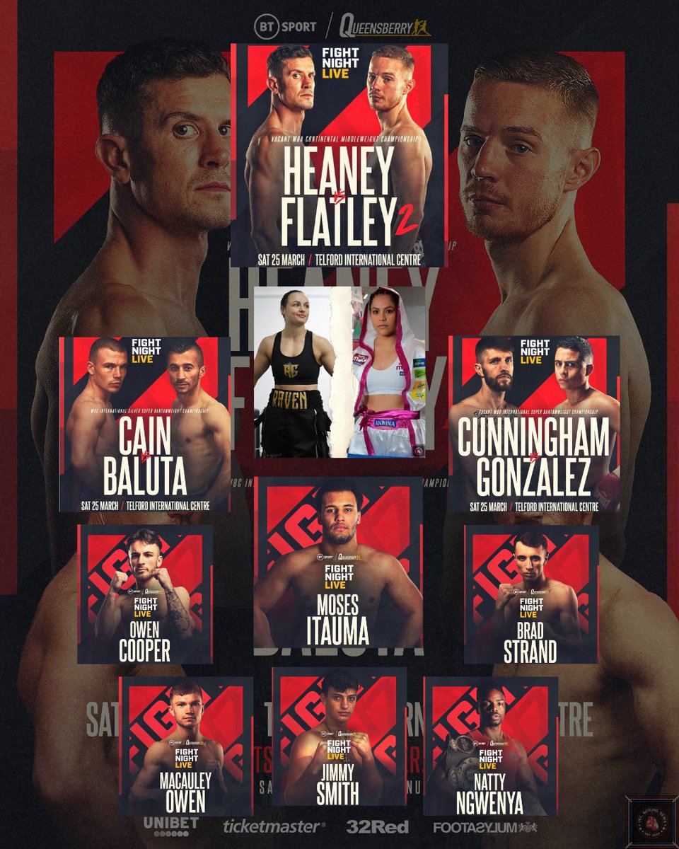 International Boxing News (@intboxingnews) on Twitter photo 🥊IT’S FIGHT WEEK!
Trouble in Telford as #HeaneyFlatley2 tops a BIG card on Saturday!💥
<a href="/ravenchapman01/">Raven Chapman</a> fights former World Champion Linda Lecca!👑
#CainBaluta is a WAR!🧨
<a href="/JaseCunny89/">Jason Cunningham</a> RETURNS vs Miguel Gonzalez!🧊
Itauma, Strand, Cooper, Smith, Owen, Ngwenya feature!📈 🥊IT’S FIGHT WEEK!
Trouble in Telford as #HeaneyFlatley2 tops a BIG card on Saturday!💥
<a href="/ravenchapman01/">Raven Chapman</a> fights former World Champion Linda Lecca!👑
#CainBaluta is a WAR!🧨
<a href="/JaseCunny89/">Jason Cunningham</a> RETURNS vs Miguel Gonzalez!🧊
Itauma, Strand, Cooper, Smith, Owen, Ngwenya feature!📈