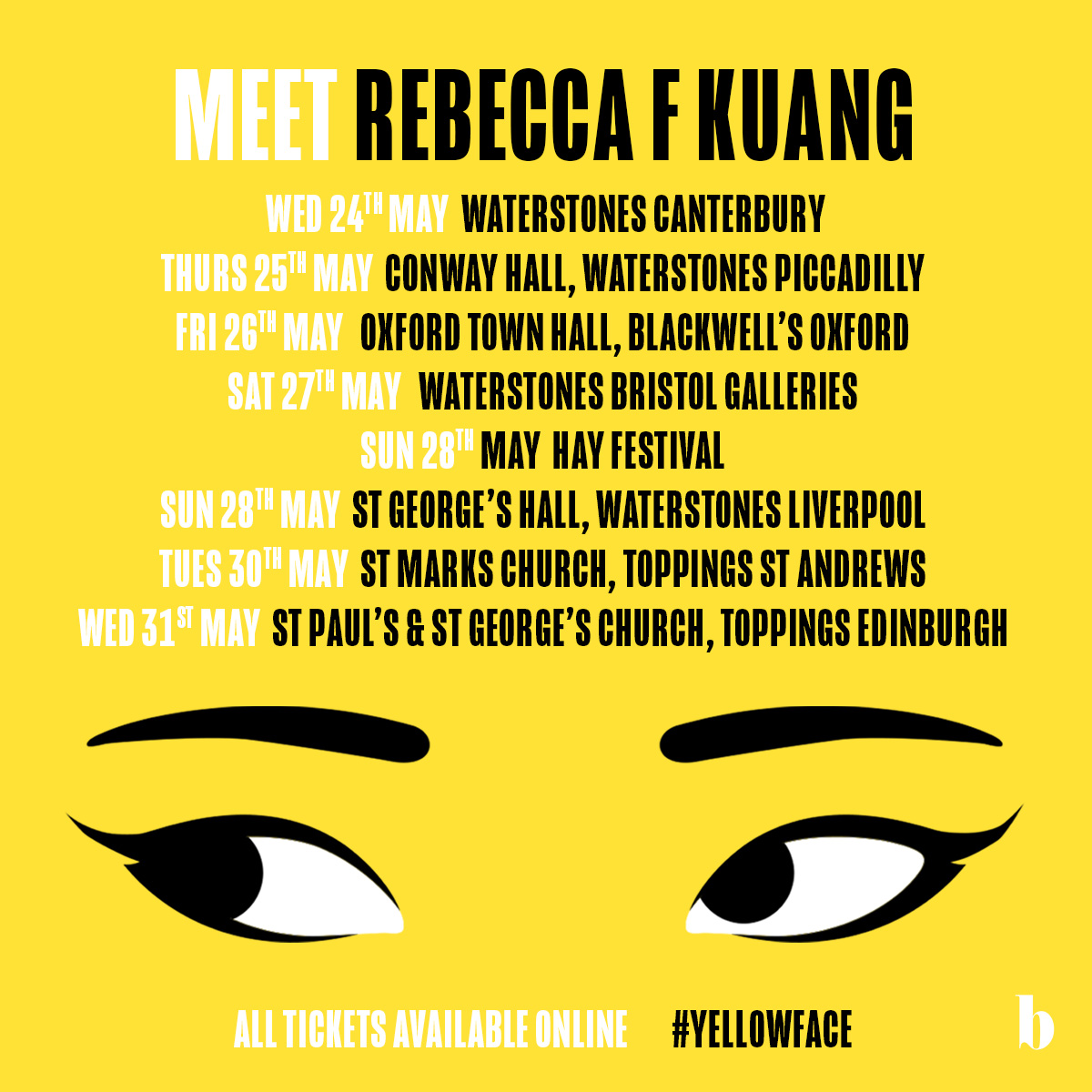 HarperFiction (@harperfiction) on Twitter photo 🚨 Exciting announcement alert 🚨
<a href="/kuangrf/">Rebecca F. Kuang</a> is going on tour this May to celebrate the publication of #Yellowface! 👀💛
Find your closest location and get tickets online now:
All <a href="/Waterstones/">Waterstones</a> events ➡️ waterstones.com/events/search/…
<a href="/blackwellbooks/">Blackwell's</a> Oxford ➡️ eventbrite.co.uk/e/rebecca-f-ku… 🚨 Exciting announcement alert 🚨
<a href="/kuangrf/">Rebecca F. Kuang</a> is going on tour this May to celebrate the publication of #Yellowface! 👀💛
Find your closest location and get tickets online now:
All <a href="/Waterstones/">Waterstones</a> events ➡️ waterstones.com/events/search/…
<a href="/blackwellbooks/">Blackwell's</a> Oxford ➡️ eventbrite.co.uk/e/rebecca-f-ku…