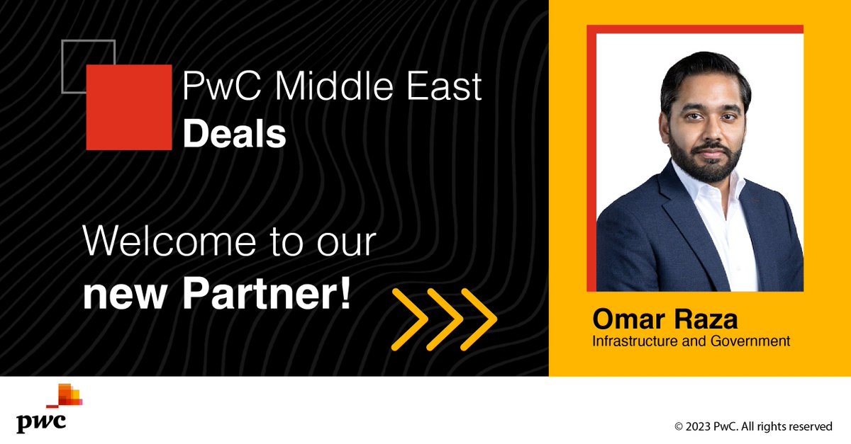 Please join me in welcoming Omar Raza, Deals Partner who has joined our Infrastructure Finance practice with over 14 years of extensive sector knowledge.

His capabilities span across the planning, development and implementation of private sector participation.

<a href="/PwC_Middle_East/">PwC Middle East</a>
