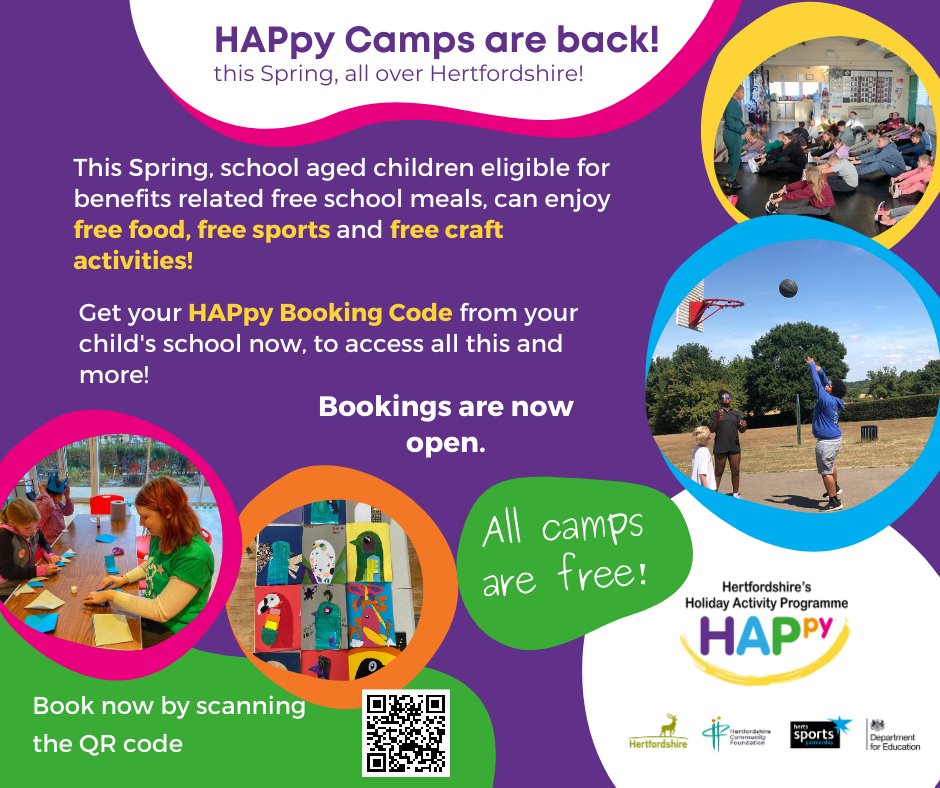 HAPpy Camp returns to The Hive this April! 🤩 

School aged children who are eligible and have benefit related school meals  can enjoy free  sports, craft activities and food during the Easter school holidays.  

To book a space for your child, visit: orlo.uk/EwK26