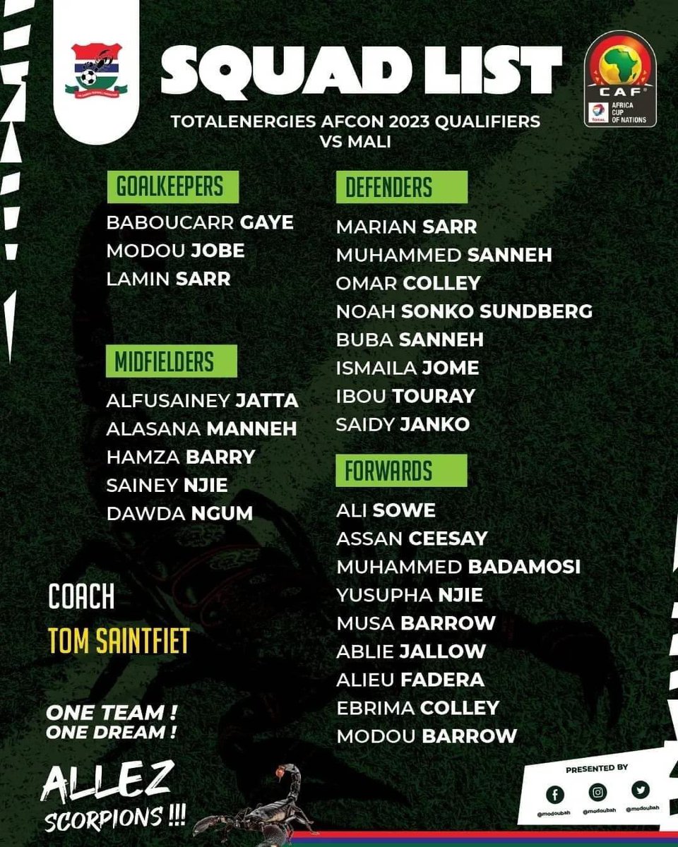 esohnasports's tweet photo. Gambia 🇬🇲 Head Coach Tom Saintfiet Officially Announced His 25-Man Squad For The 2023  AFCON Double Qualifiers Encounter Against Mali 🇲🇱 

What’s Your Thoughts?? 🤔 https://t.co/vrOgRaUpOU