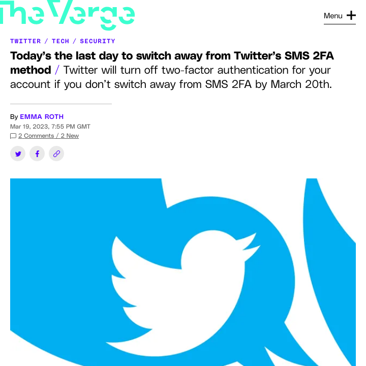 VergeTaglines's tweet photo. Have you changed your Twitter 2FA? https://t.co/0ucmKvQMvK https://t.co/ReYvCL8Rq1