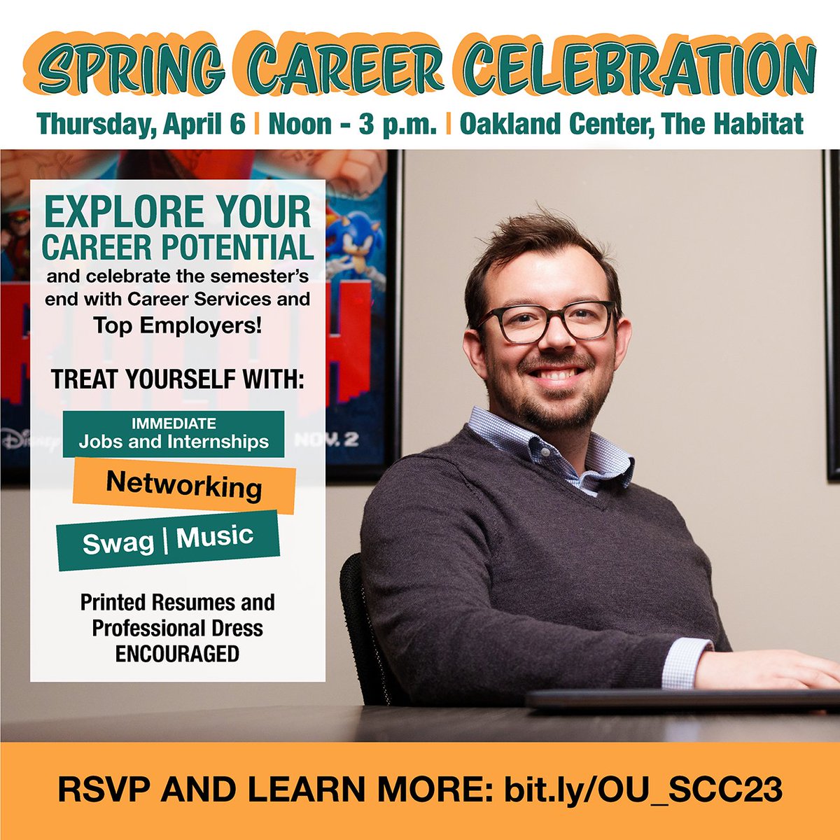 OU Career and Life Design Center (@oucareers) on Twitter photo 🎉 CELEBRATE the end of the semester with Career Services and Top Employers during the Spring Career Celebration!
4/6 | Noon - 3 p.m. | The Habitat
RSVP: bit.ly/OU_SCC23
Employers are still being added, so keep checking Handshake!
<a href="/oaklandu/">Oakland University</a> #thisisou #careers 🎉 CELEBRATE the end of the semester with Career Services and Top Employers during the Spring Career Celebration!
4/6 | Noon - 3 p.m. | The Habitat
RSVP: bit.ly/OU_SCC23
Employers are still being added, so keep checking Handshake!
<a href="/oaklandu/">Oakland University</a> #thisisou #careers
