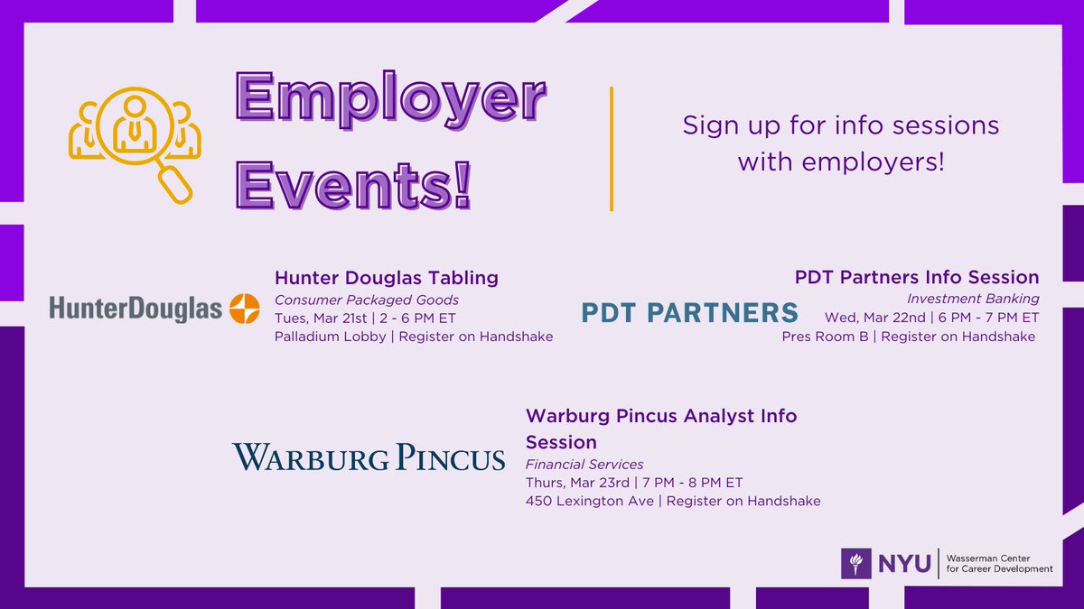 Welcome back! We hope your Spring Break was relaxing and restful. Jump back into employer sessions and meet with various employers from different industries. Sign up for infof sessions now on Handshake!