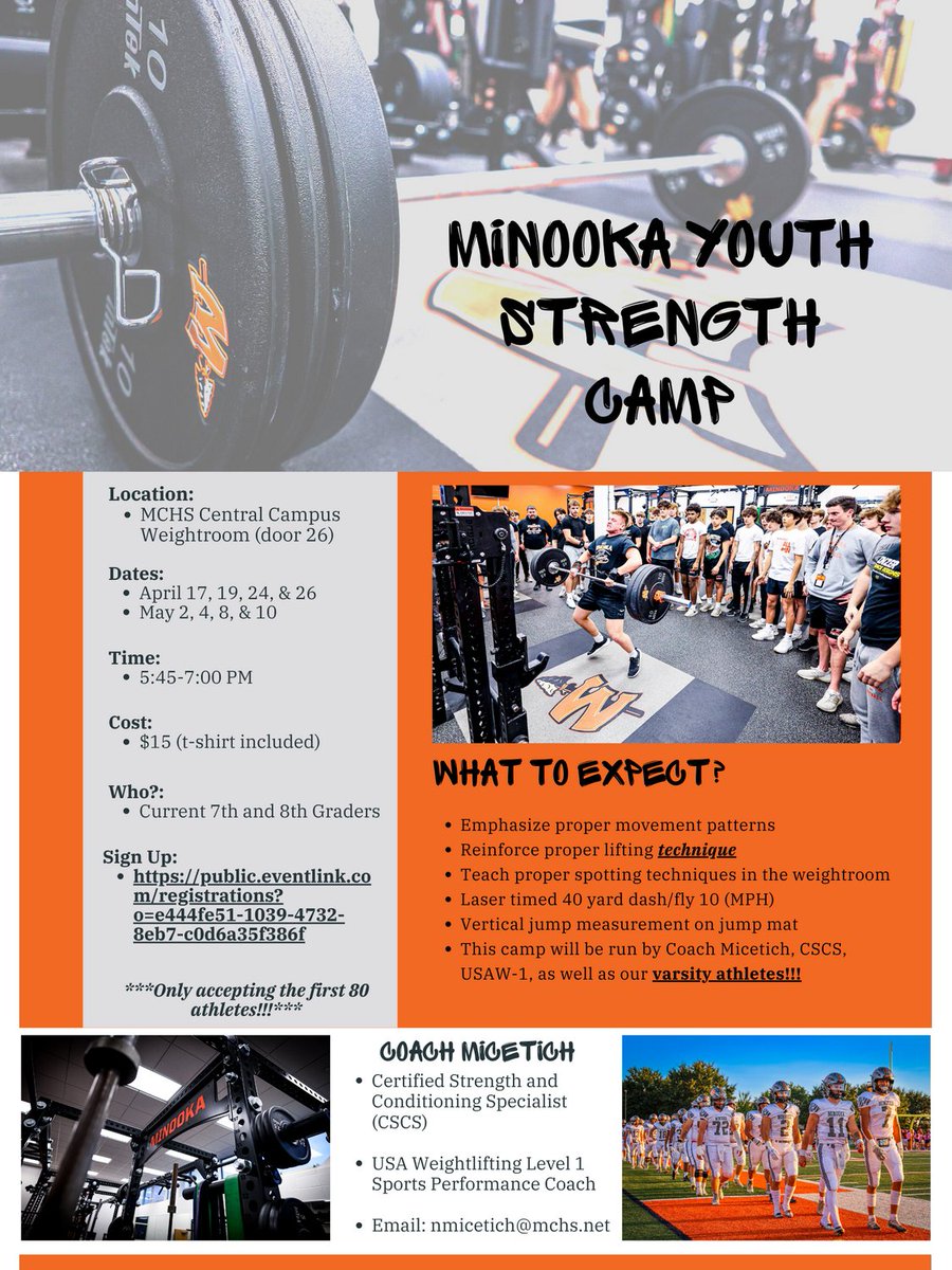 MinookaStrength's tweet photo. Sign up for our Youth Strength and Conditioning Camp taking place this Spring! 7th and 8th graders only! Due to space, we will limit this to the first 80 athletes! #MovementFirst #BlockZero https://t.co/lZDG0ufCfH