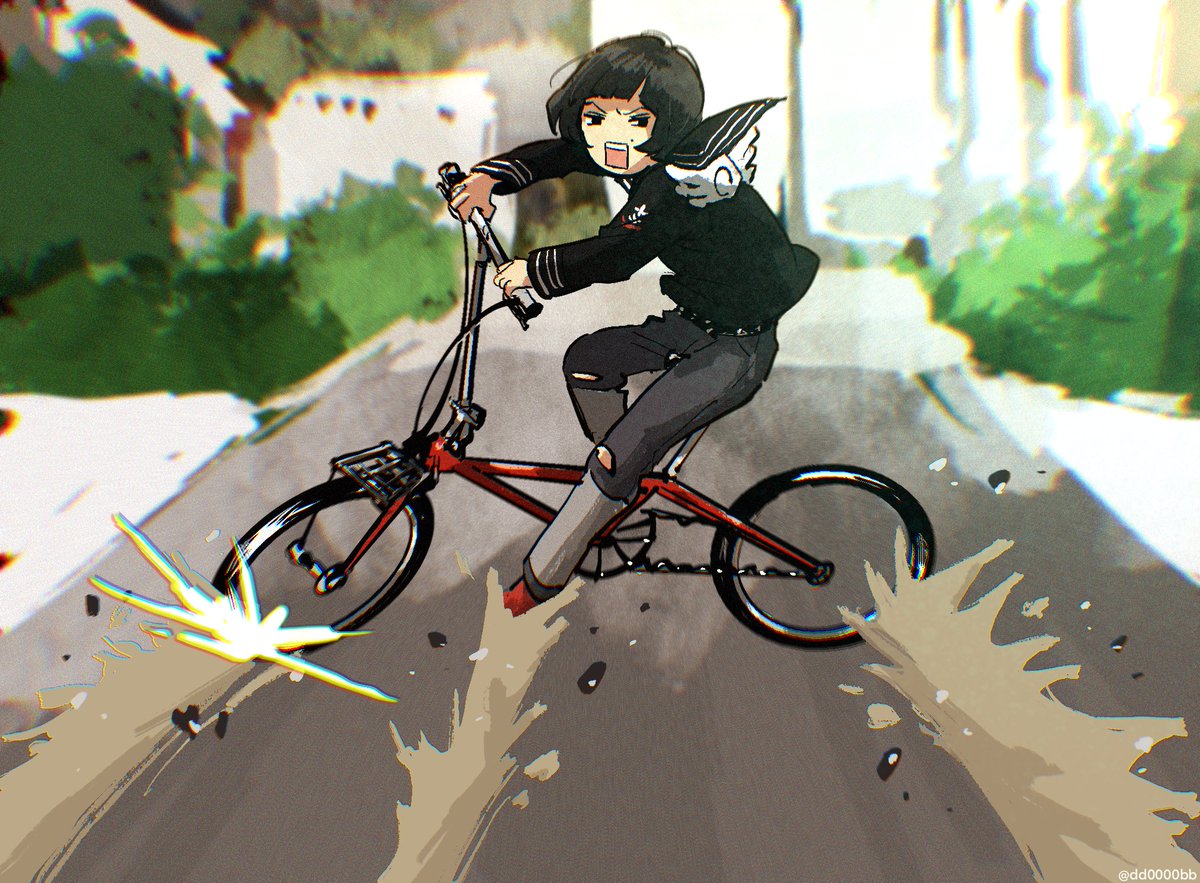 1girl bicycle solo ground vehicle pants black hair road  illustration images