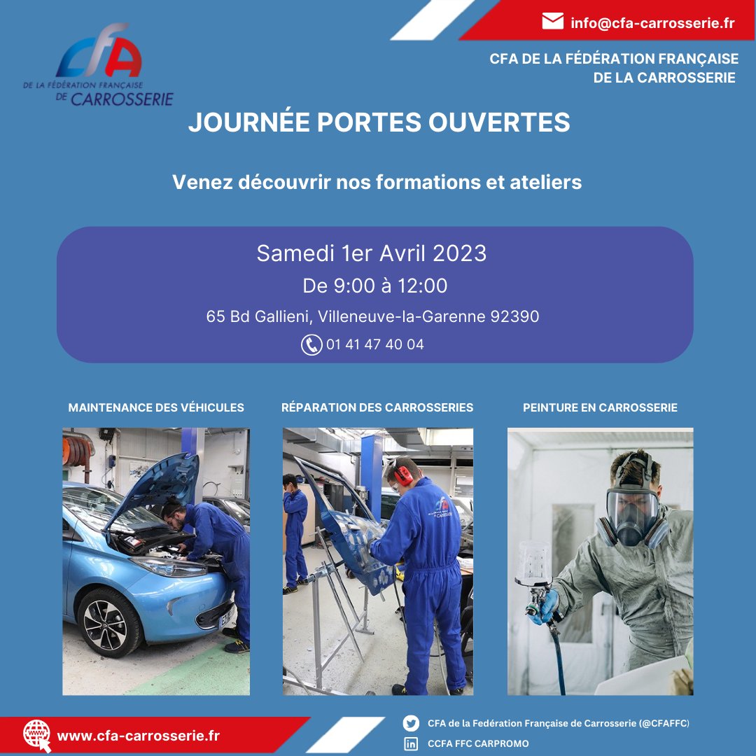 CFAFFC's tweet photo. 🟢 N'oubliez pas ! 

Les portes ouvertes du CFA de la @FFCCarrosserie, c'est le Samedi 01 Avril de 9h à 12h !

Plus d'infos : ⬇⬇ https://t.co/PFt7YG9xFf